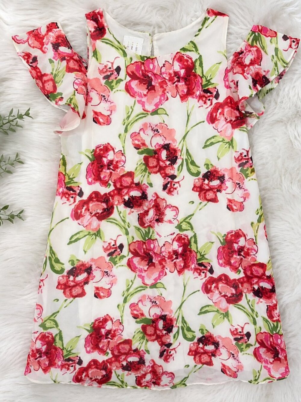 Girls Pink Floral Cold-Shoulder Casual‎ Dress